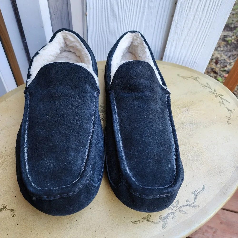 UGG Ascot Suede Slippers Plush Wool Sz 16 Loafers Black Driving Cozy Warm Soft